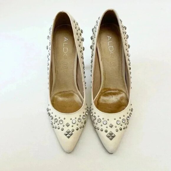 Aldo Cream Leather Pumps Pointed Toe High Heel Rhinestone Studded Stiletto 7.5 - Picture 4 of 16
